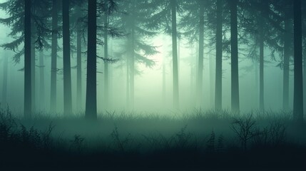 Fototapeta premium A serene, misty forest with tall trees creating a mystical atmosphere, evoking a sense of calm and mystery.