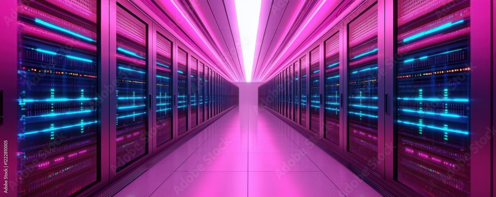 Poster a futuristic server room illuminated with vibrant pink and blue lights, featuring rows of sleek serv