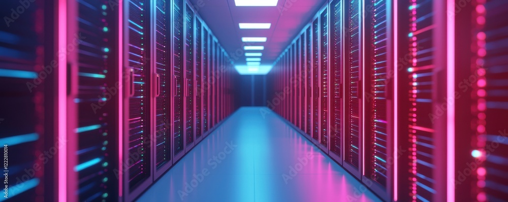 Poster a vibrant data center corridor illuminated with neon lights, showcasing rows of servers that create 