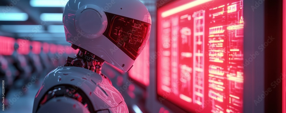 Poster a futuristic robot examines glowing red screens in a high-tech environment, showcasing advanced tech