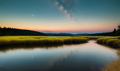 Fototapeta premium Beautiful and Peaceful Nature Scenery Illustration Landscape Countryside Tranquil Vibrant and Colorful