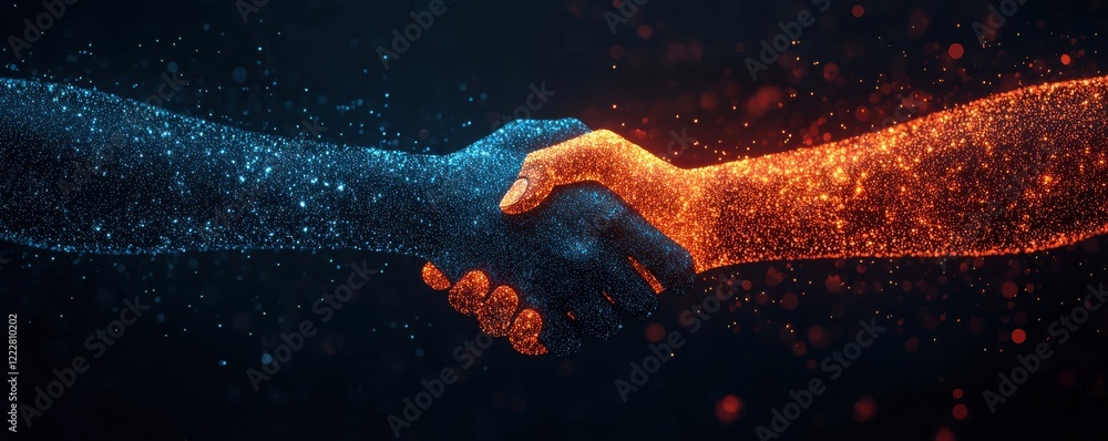 Poster two hands, one blue and one orange, shake in a dark setting filled with glowing particles, symbolizi