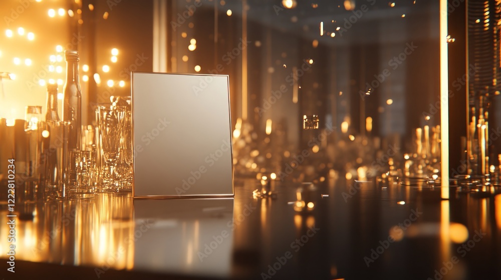 Poster a reflective surface in a dimly lit bar setting with scattered glassware and warm lighting.