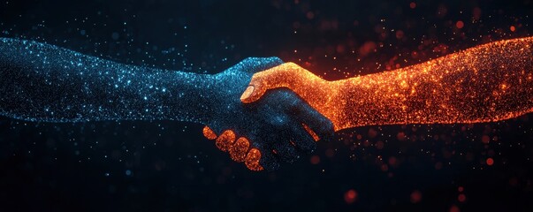 Naklejka premium Two hands, one blue and one orange, shake in a dark setting filled with glowing particles, symbolizing connection and unity.