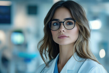 A young female doctor with glasses, thoughtfully gazing, in a modern medical setting.