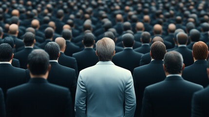 Obraz premium Unique individual in a white suit stands out among crowd of people in black suits, symbolizing leadership and individuality.