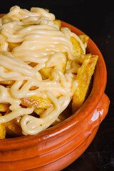 Patate tagliate a mano, fritte, condite con formaggio fuso e servite in una terrina di terracotta in un pub