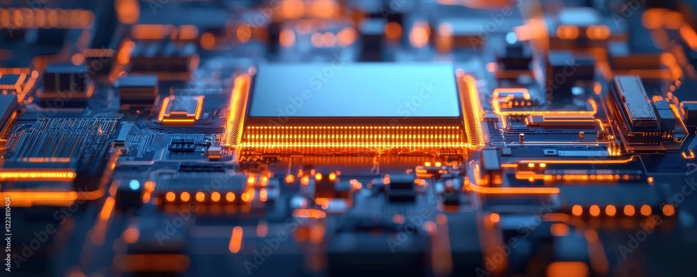 Poster a close-up view of a circuit board showcasing intricate components and glowing lights, illustrating 