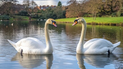 Obraz premium Two Elegant Swans Gracefully Swim on Calm Water