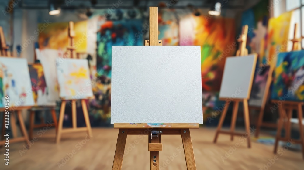 Poster an empty canvas on an easel in an art studio, surrounded by colorful artworks.