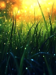 Fototapeta premium A background of fresh green grass covered in morning dew.