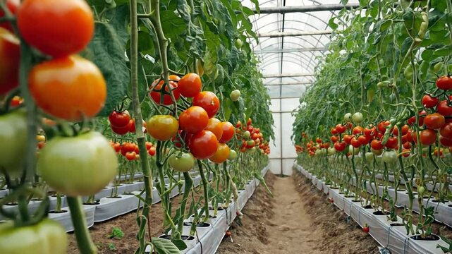 Tomato Harvest in Greenhouse: Rows of vibrant red and green tomatoes ripening on the vine inside a modern greenhouse, showcasing sustainable agriculture and abundant harvest.