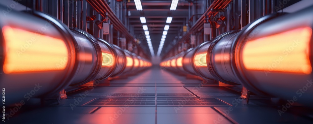 Poster a futuristic corridor lined with glowing tubes and a sleek metallic floor, creating a high-tech and 