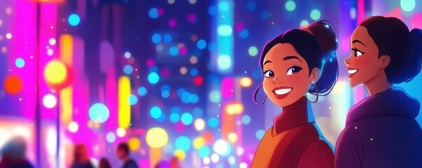 Two animated women enjoying colorful night in lively city