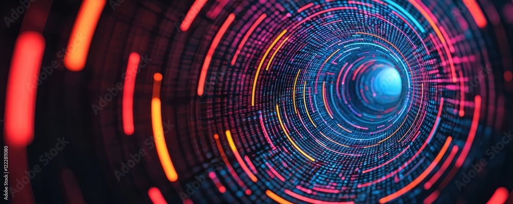 Poster a vibrant, abstract tunnel of light showcasing swirling patterns in red, orange, and blue, creating 