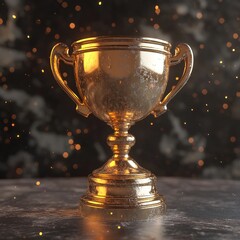 Golden trophy on dark background with sparkles.