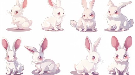 Cute and Playful Rabbit Characters - White Furry Hares Isolated on White Background