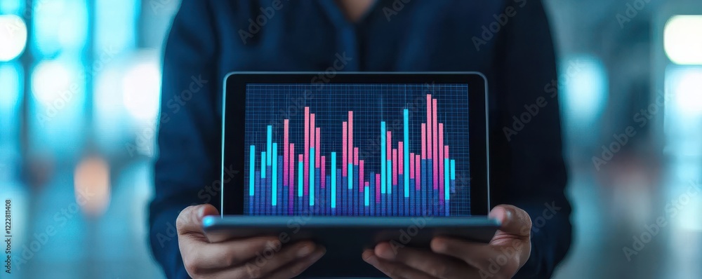 Poster a person holds a tablet displaying a colorful financial graph, representing data analysis and market