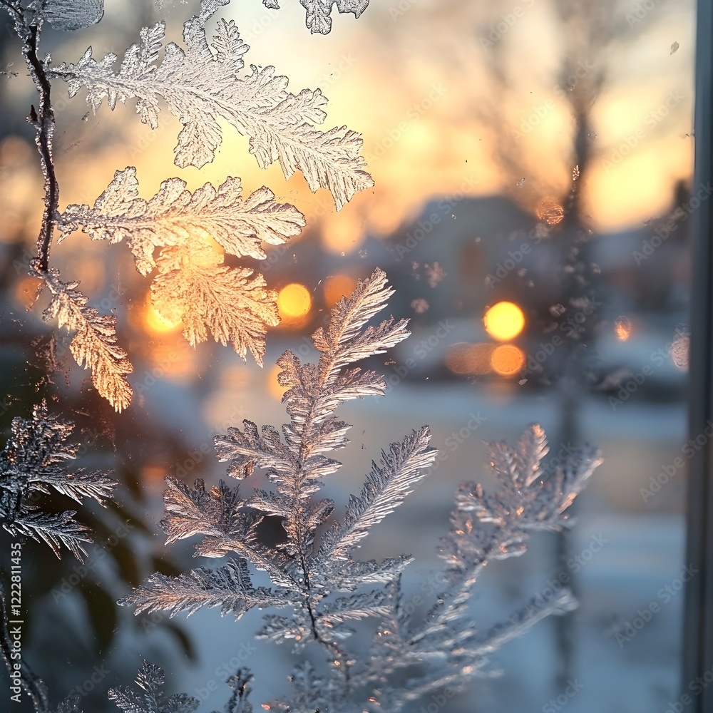 Poster a background of frost crystals forming delicate patterns on a window.
