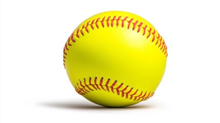 Yellow softball with red stitching on a white background. Generative AI