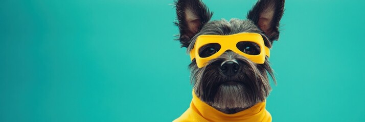 Obraz premium A dog wearing a yellow mask and turtleneck against a turquoise background.