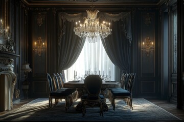 Elegant Dining Room with Chandelier and Rich Decor in Soft Light