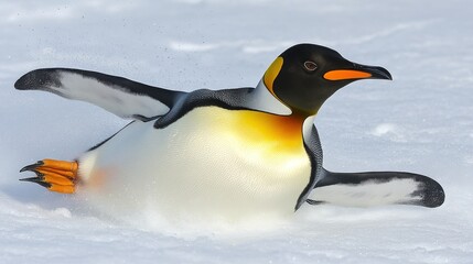 Fototapeta premium King Penguin Sliding Across Snowy Terrain