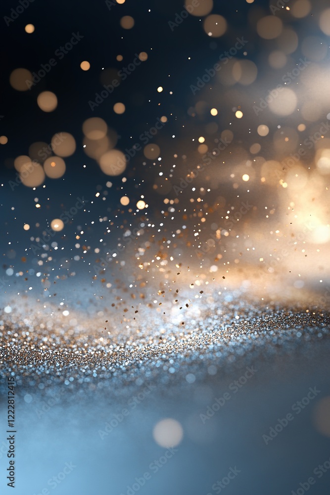 Poster soft glowing particles float gently, shimmering in various sizes against a rich dark gradient. the e