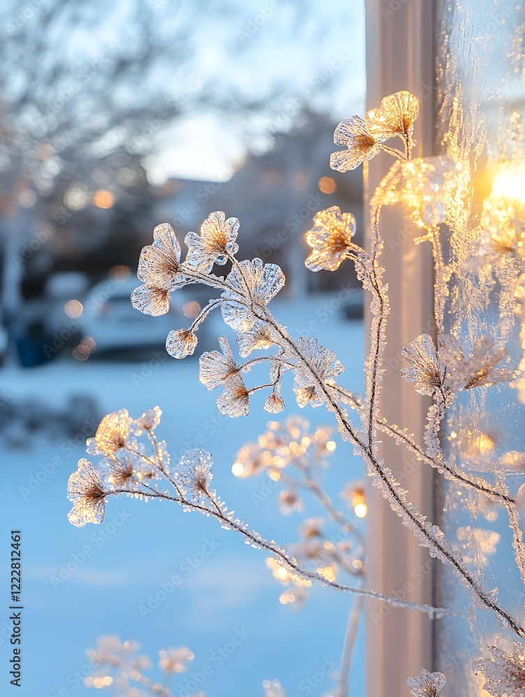 Fototapete A background of frost crystals forming delicate patterns on a window.