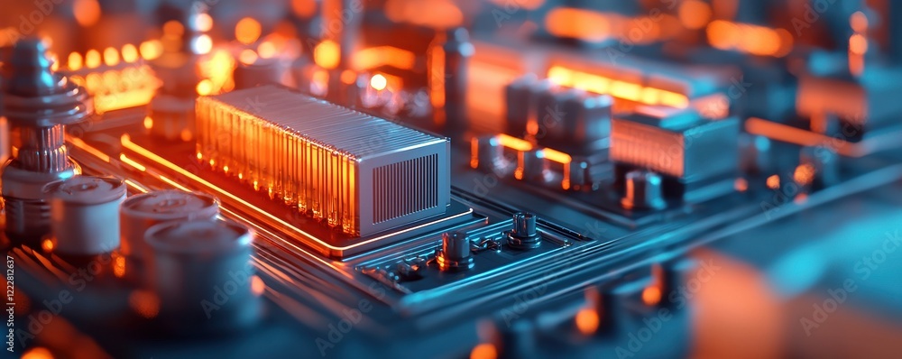 Poster a close-up view of a futuristic circuit board with glowing orange and blue elements, showcasing intr