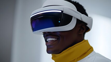 Happy man using VR headset in modern office