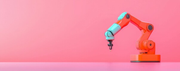 A colorful robotic arm positioned against a vibrant pink background, showcasing modern technology and design innovation.