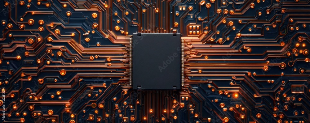 Poster a close-up view of a black microchip surrounded by intricate circuit board pathways and glowing conn