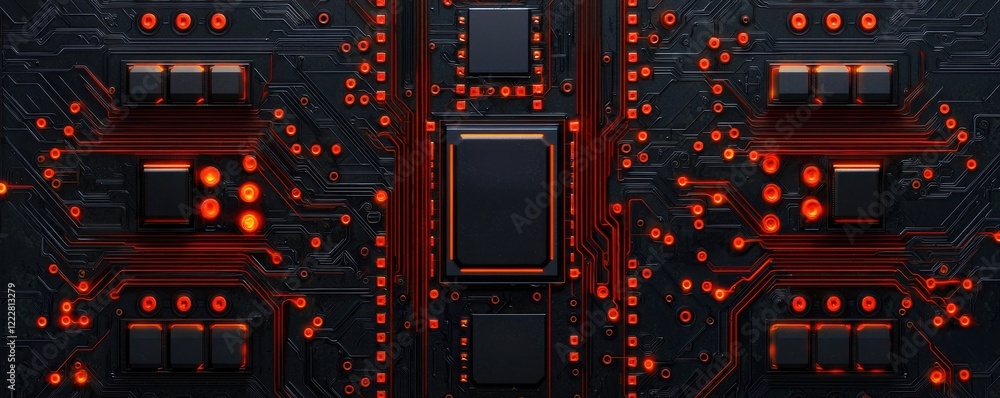 Poster a futuristic circuit board design featuring dark colors and glowing red elements, representing advan