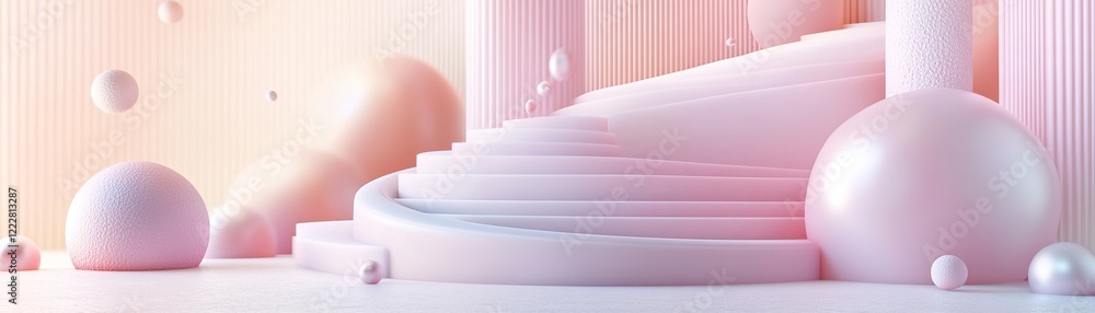 Poster a soft pathway guides through abstract floating shapes and spheres in calming pastel colors, symboli