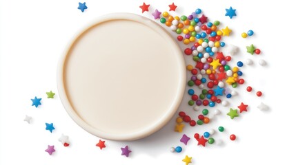 A round container of frosting surrounded by colorful sprinkles in various shapes.
