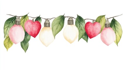 A whimsical illustration of colorful heart-shaped lights strung with green leaves, perfect for festive decor