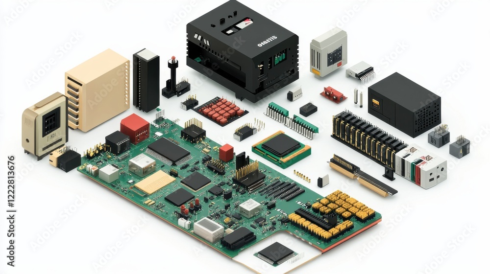 Poster colorful arrangement of computer components showcasing technology and innovation in a clean layout