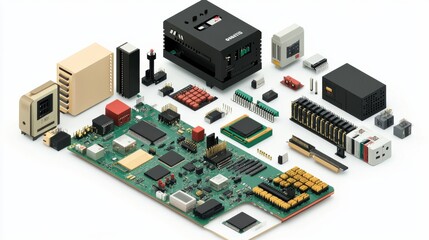 Obraz premium Colorful arrangement of computer components showcasing technology and innovation in a clean layout
