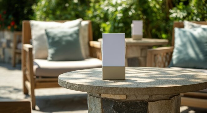 Elegant mockup of a blank menu on a stone table in a serene outdoor setting