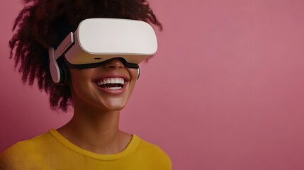 Happy woman using VR headset, pink background, virtual reality experience, tech advertisement