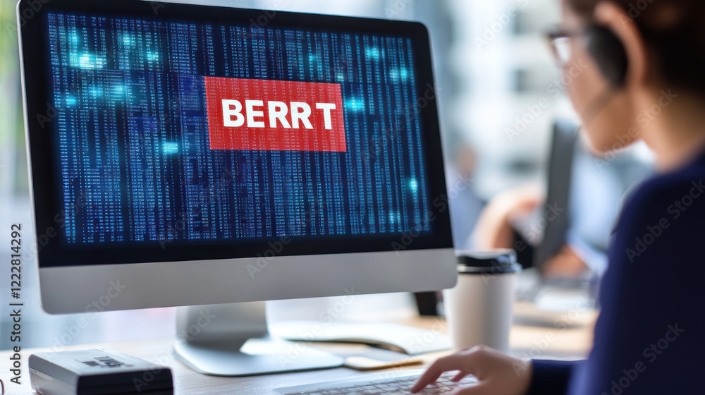 Poster woman works on computer displaying berrt code