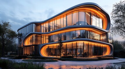 Fototapeta premium Modern office building with full glass wall high resolution image
