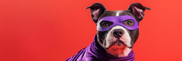 A dog dressed as a superhero with a purple mask and cape against a red background.