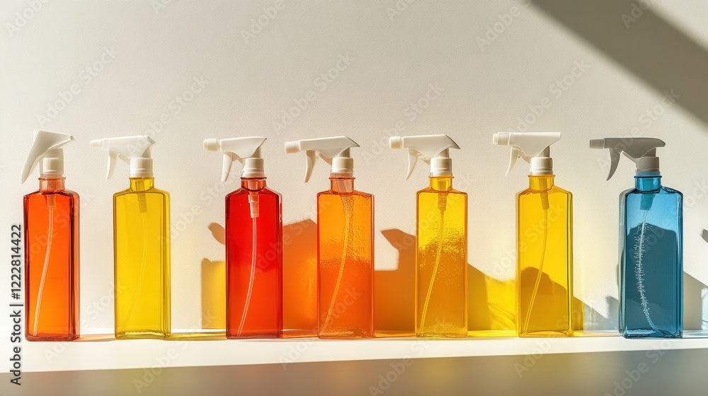 Poster colorful array of spray bottles lined up on a surface, casting shadows in bright sunlight