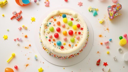 A colorful birthday cake surrounded by playful decorations and candies.