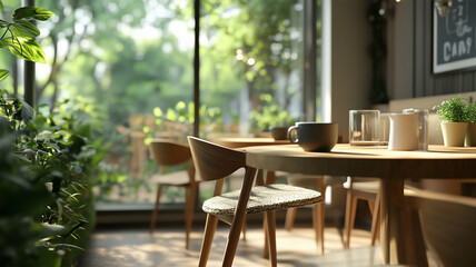 リサイクル素材の椅子が並ぶエコフレンドリーなカフェ