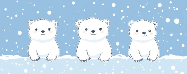 Three cute cartoon polar bears sitting in the snow with a light blue background and falling snowflakes.