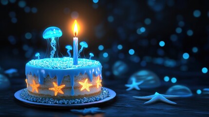 A whimsical birthday cake with jellyfish and glowing stars, set against a dark background.