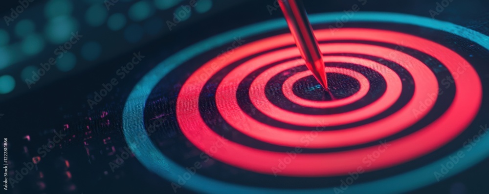 Poster a close-up of concentric circles in vibrant red and blue, with a dropper releasing a liquid into the